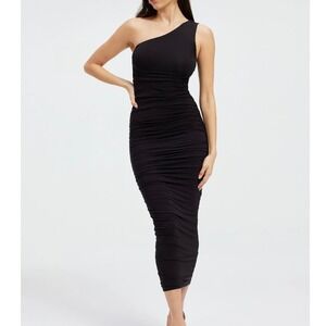Good American Ruched Asymmetrical One Shoulder Sleeveless Midi Dress Size 0